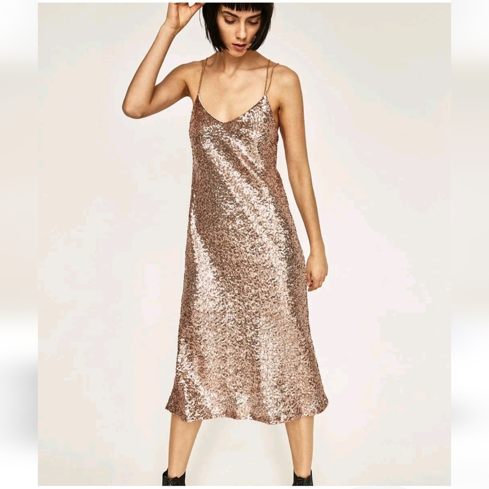 Zara Basic Collection Rose Gold Sequin Midi Dress… - image 1